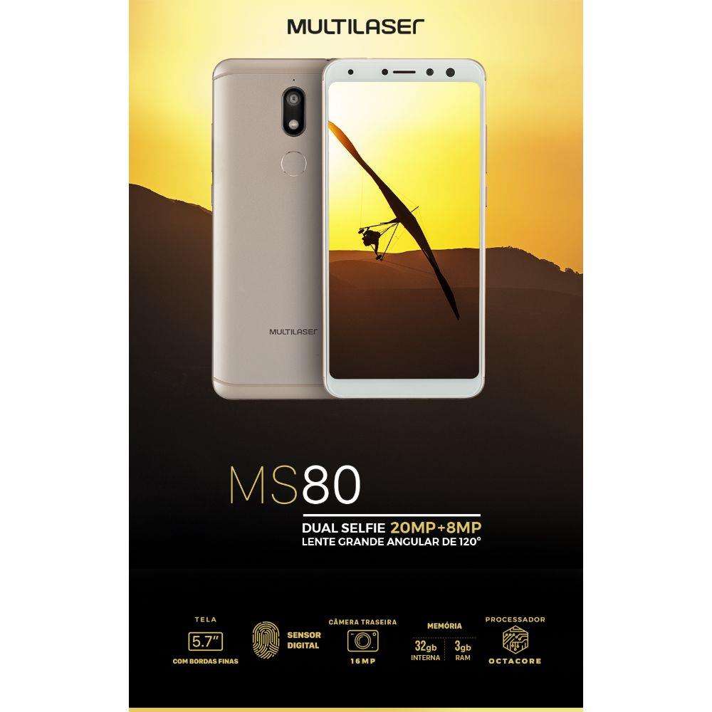 Smartphone Multilaser MS80 3GB RAM + 32GB Tela 5,7 HD+ Android 7.1 Qualcomm Dual Câmera 20MP+8MP Dourado NB723