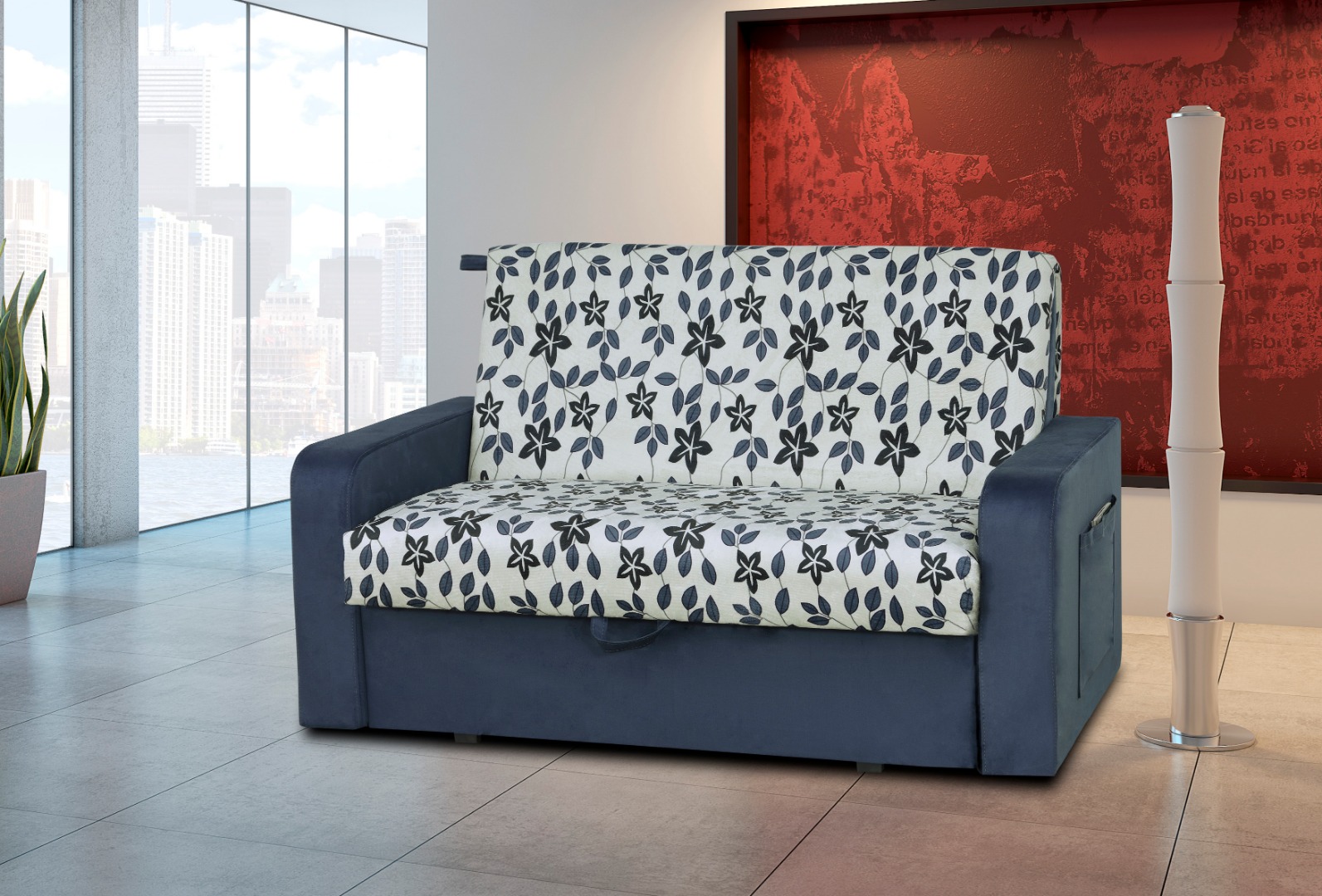 Sofá Cama com Baú Matrix Daiane Azul Estampado Floral | Credimóveis Novolar